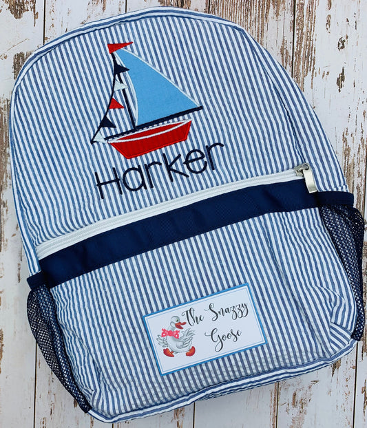 Seersucker Toddler Backpack with Applique Sail Boat