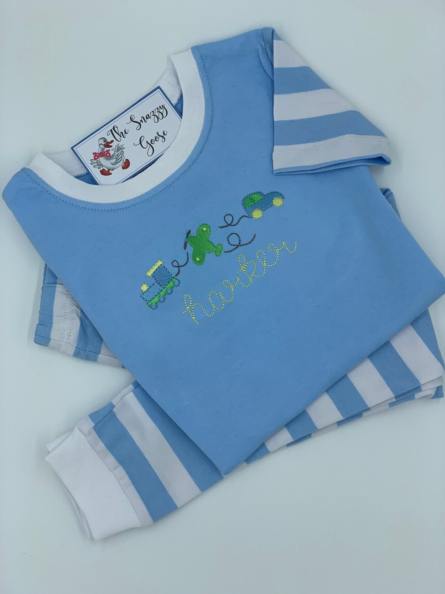 Car Plane Train Embroidered Striped Pajama Set