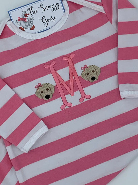 Girls Monogrammed Initial Puppy Newborn Infant Gown